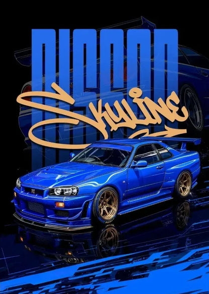 Blue Nissan Skyline car with 'Nissan' and 'Skyline' text on a dark background