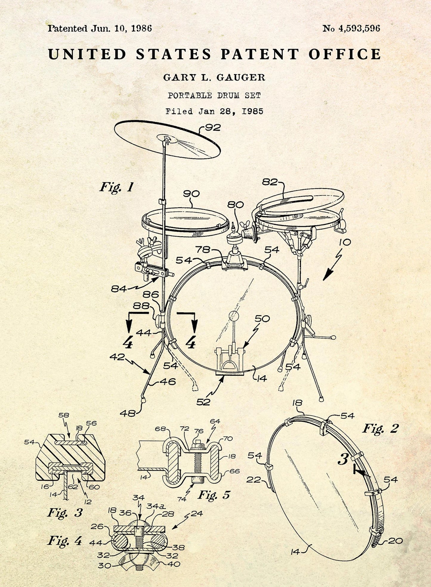 Patent illustration of a portable drum set by Gary L. Gauger, dated June 10, 1986.