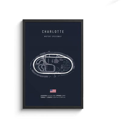 Framed poster of Charlotte Motor Speedway layout on a dark blue background
