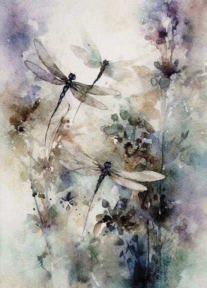 Artistic depiction of dragonflies with a watercolor background