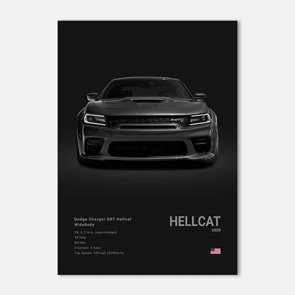 Black Dodge Charger SRT Hellcat on a black background with white text