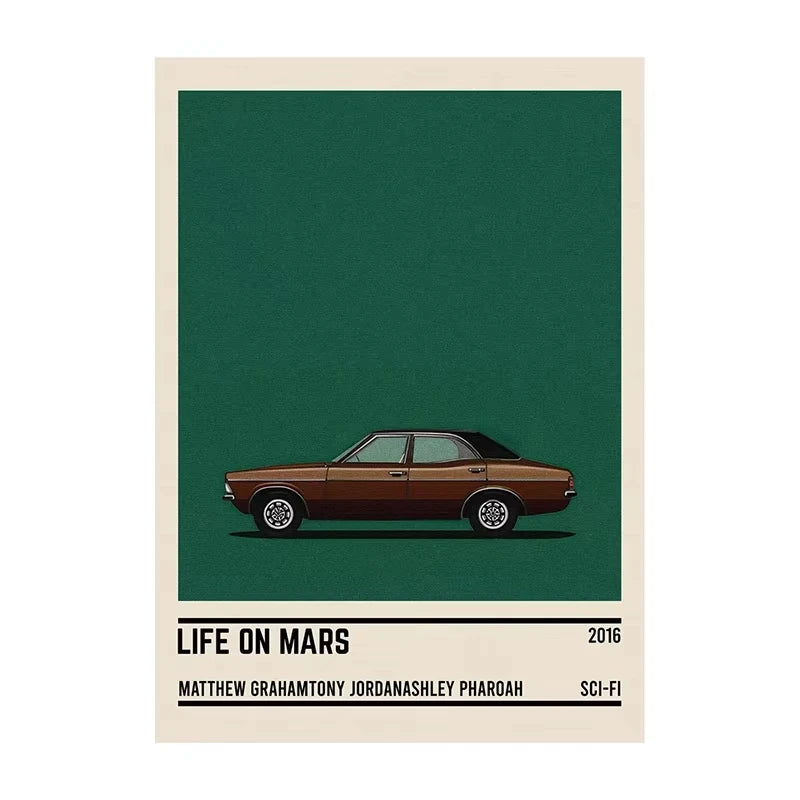 Poster with a brown car illustration on a green background, featuring text at the bottom.