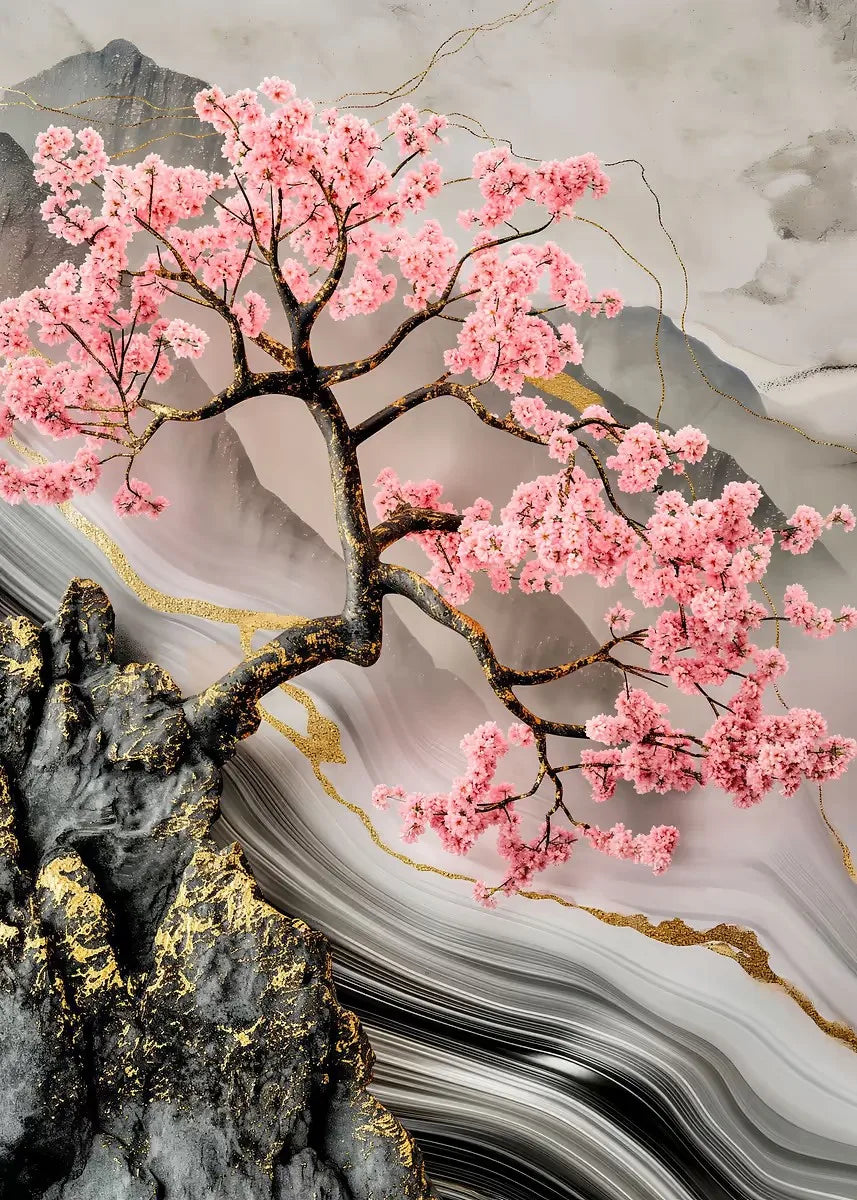 Pink cherry blossom tree against a abstract mountain and rock background