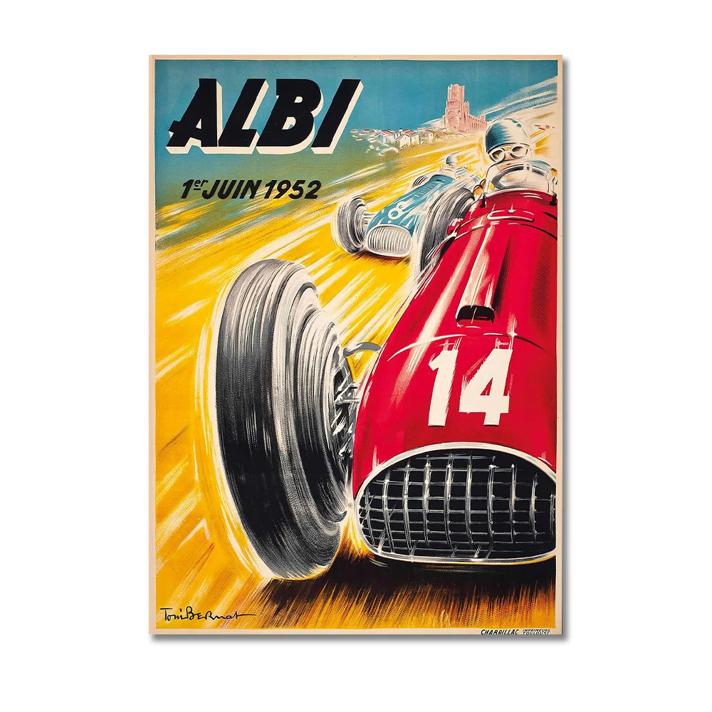 Vintage-style race car poster with 'ALBI' and '1er Juin 1952' text, featuring a red race car on a yellow background.
