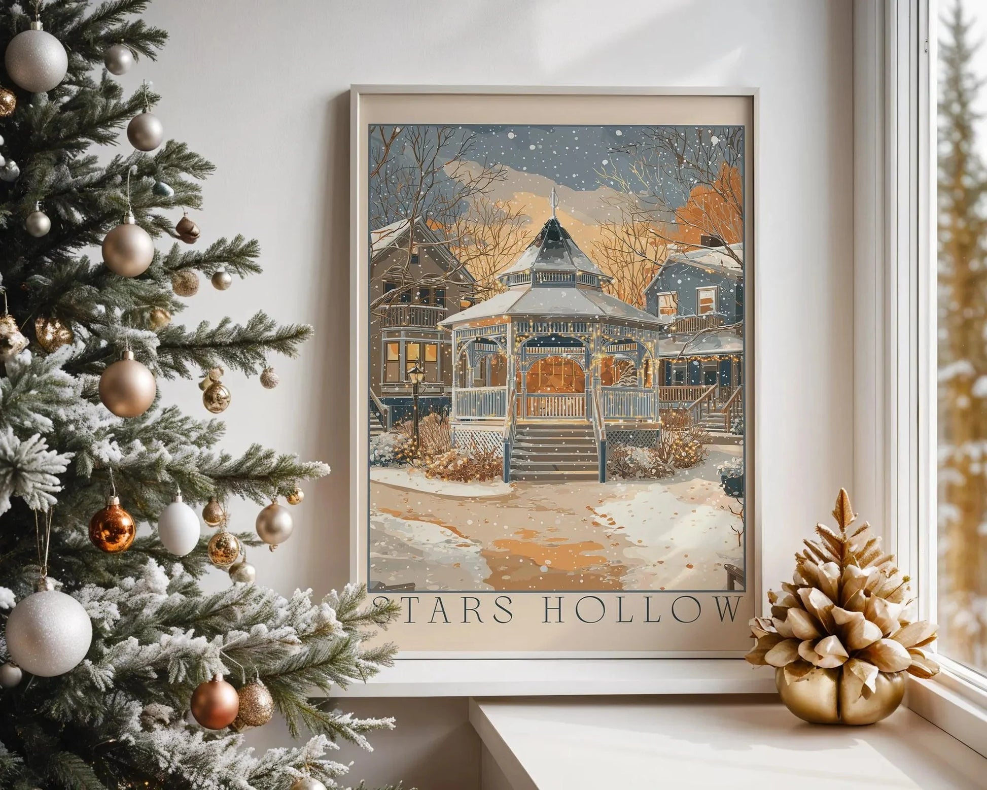 Framed artwork titled 'Hills Hollow' on a wall next to a decorated Christmas tree.
