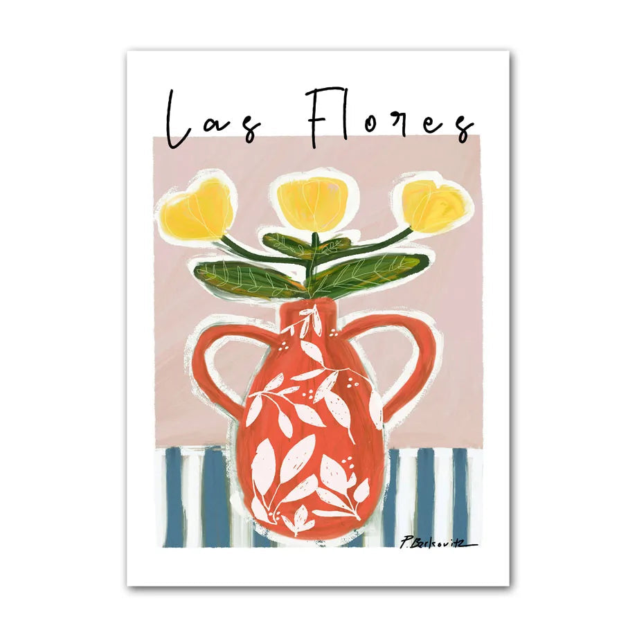 Decorative poster with a red vase holding yellow flowers on a striped background.