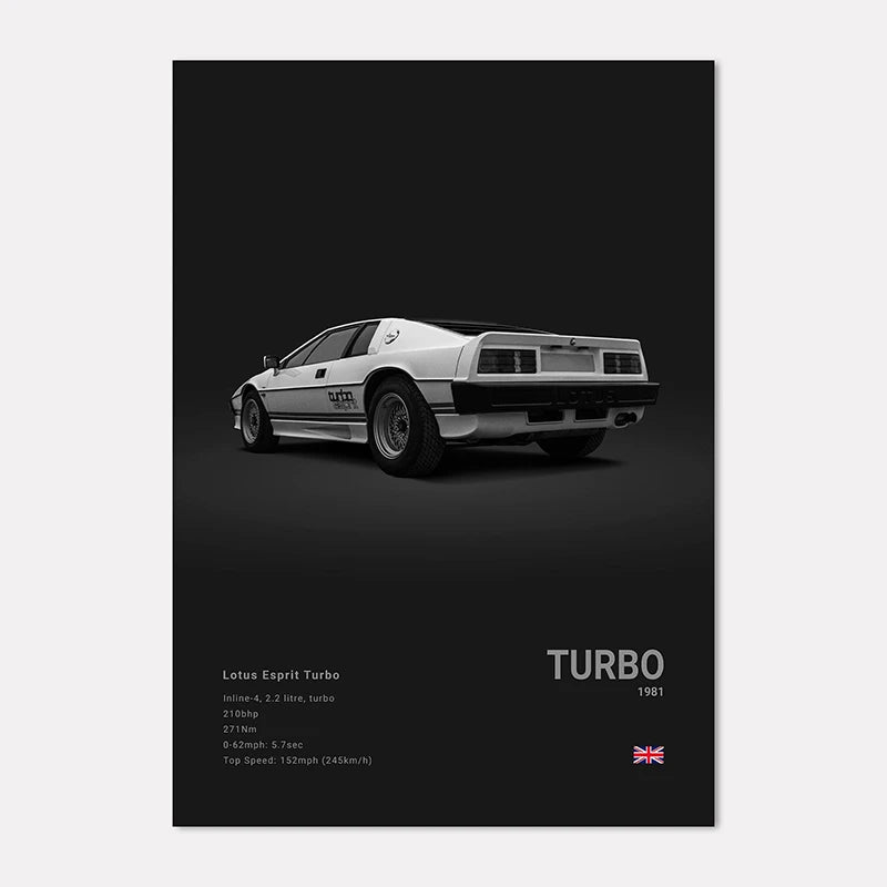 Lotus Esprit Turbo poster with car illustration on a black background