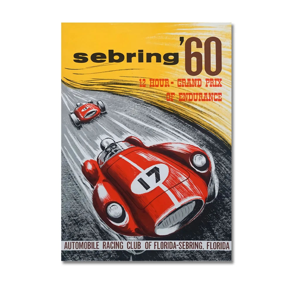 Vintage-style poster for Sebring '60 Grand Prix of Endurance with red race cars.