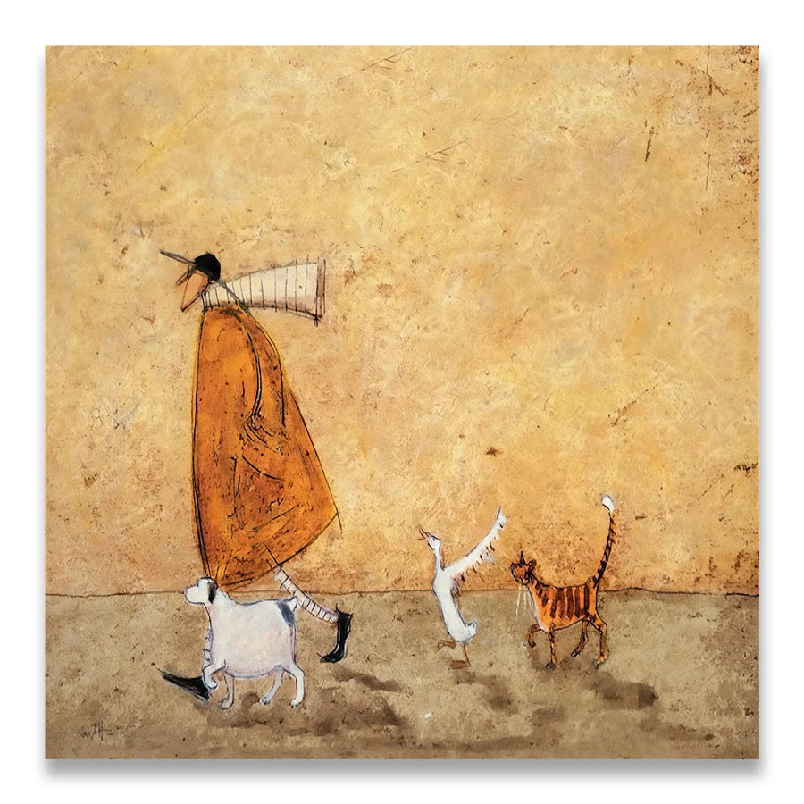 Artistic depiction of a person, dog, and cat walking on a textured beige background