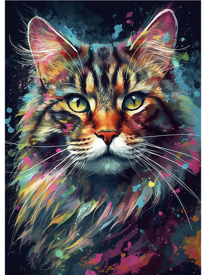 Colorful painting of a cat's face with abstract background