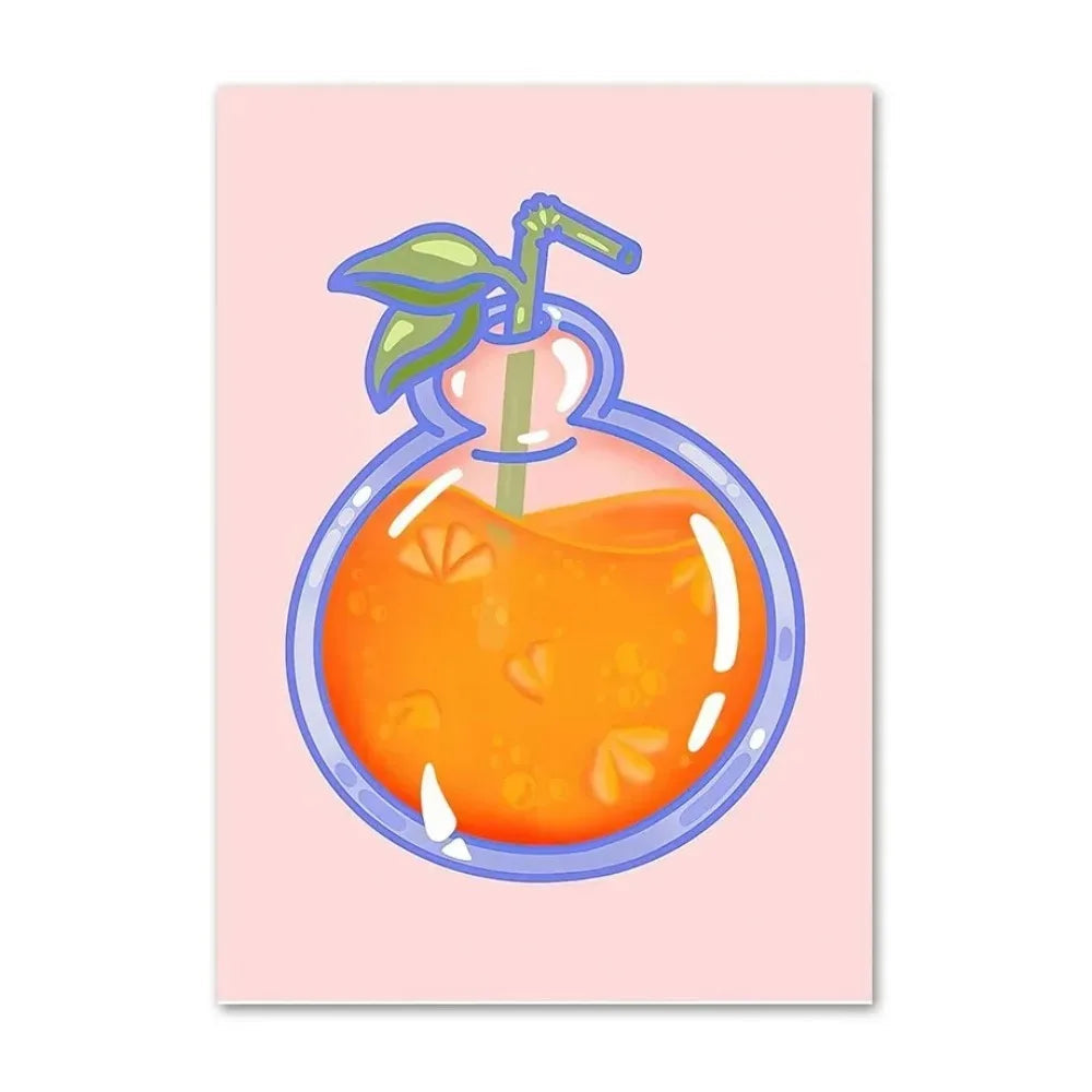 Illustration of a glass with orange juice and a straw on a pink background