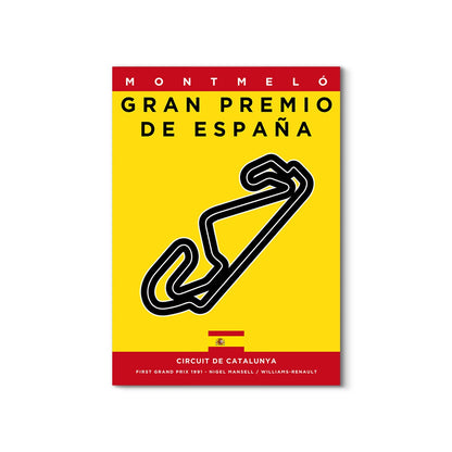 Poster of Montmeló Gran Premio de España with race track design on a yellow background