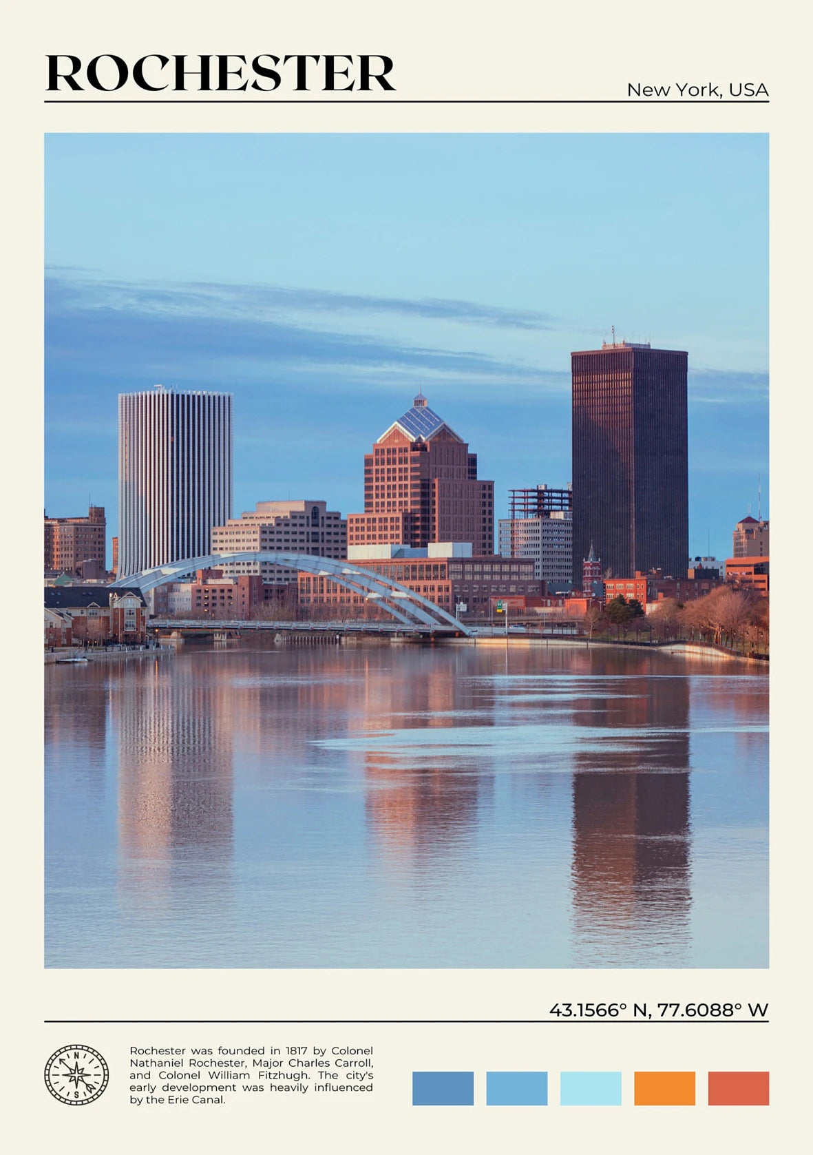 City skyline of Rochester, New York with a bridge over water.
