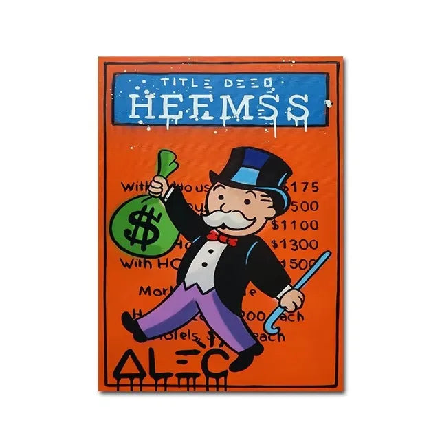 Cartoon character holding a money bag and a sword on an orange background with text.