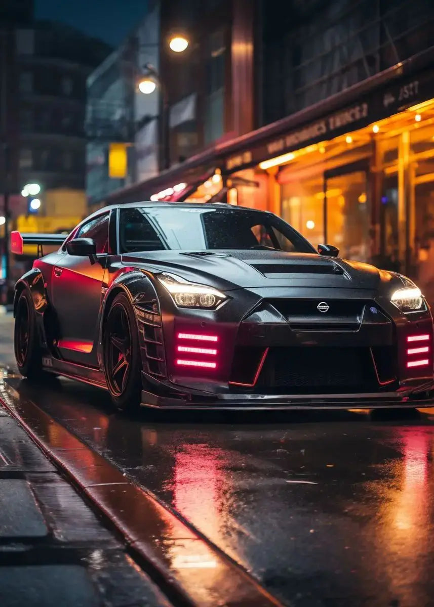 Black Nissan GT-R on a wet city street at night