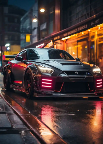 Black Nissan GT-R on a wet city street at night