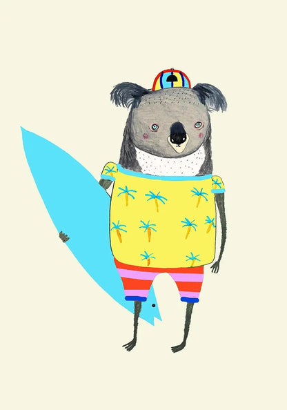 Illustration of a koala holding a surfboard with a colorful hat and shorts on a beige background
