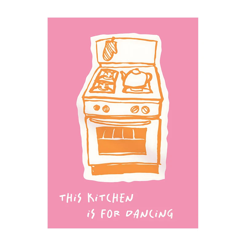 Illustration of a stove on a pink background with text 'This kitchen is for dancing'.