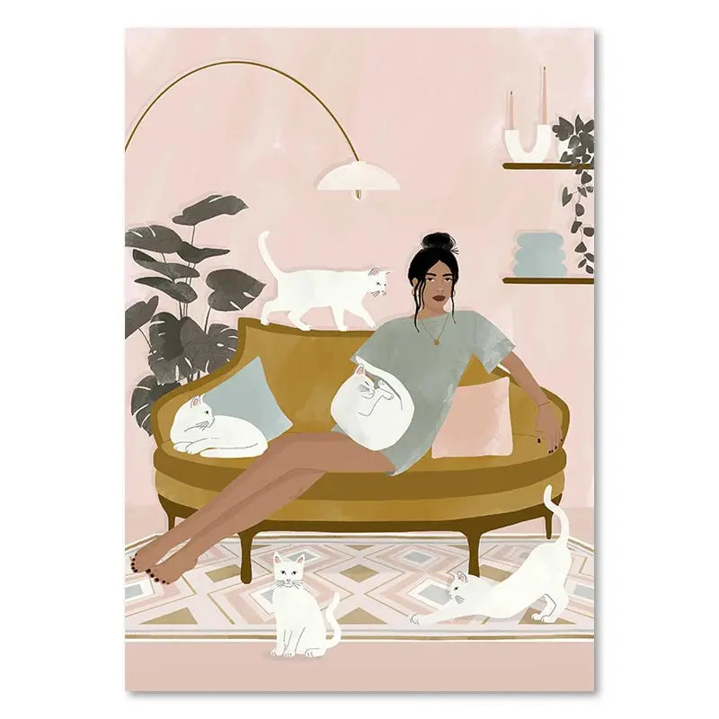 Illustration of a woman sitting on a couch with cats in a cozy living room.