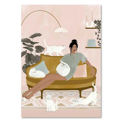 Illustration of a woman sitting on a couch with cats in a cozy living room.