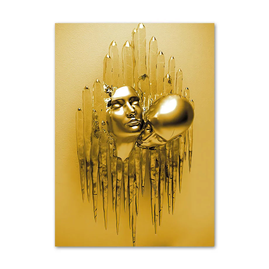 Gold abstract art piece with a face and geometric shapes on a gold background
