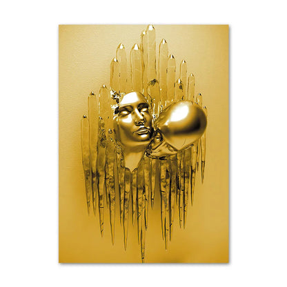 Gold abstract art piece with a face and geometric shapes on a gold background