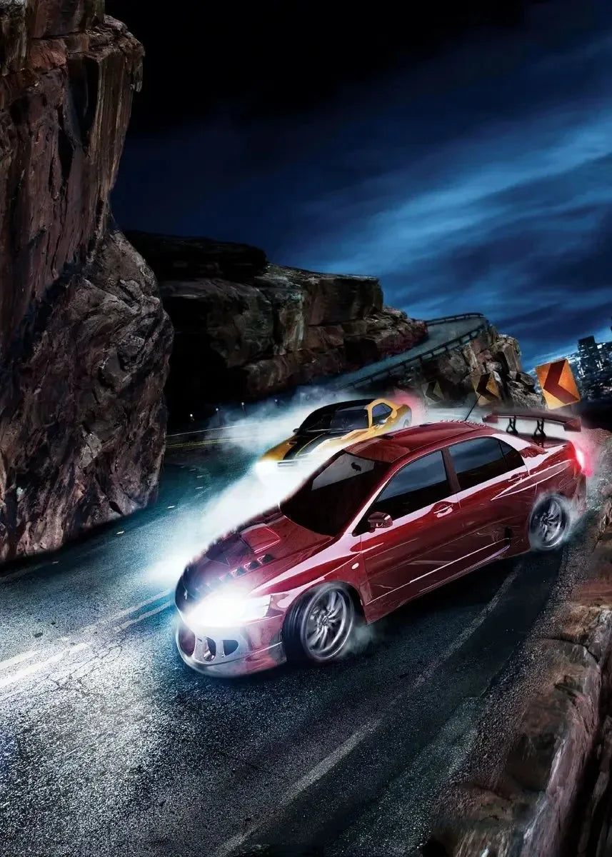 Two cars racing on a mountain road with rocky cliffs and a dark sky.