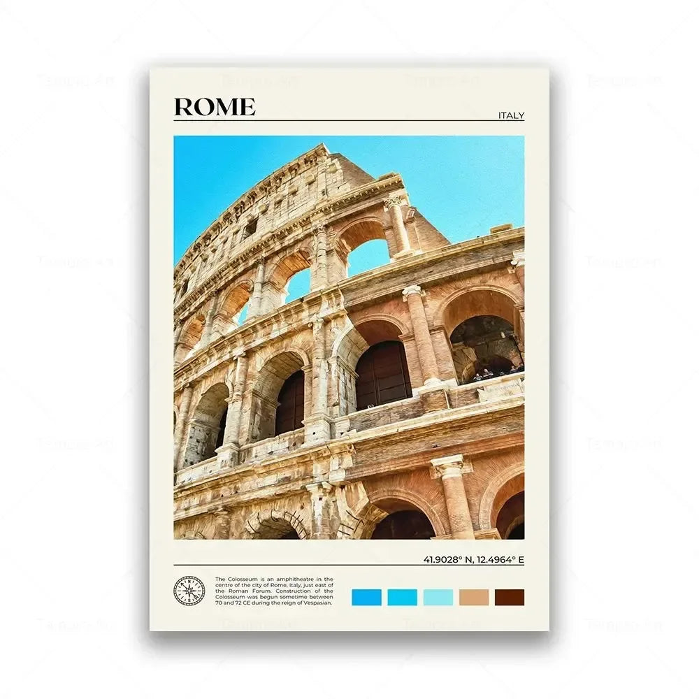 Poster of the Colosseum in Rome with a blue sky background