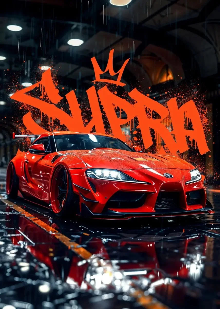 Red sports car on a wet road with 'Supra' text in orange above it.