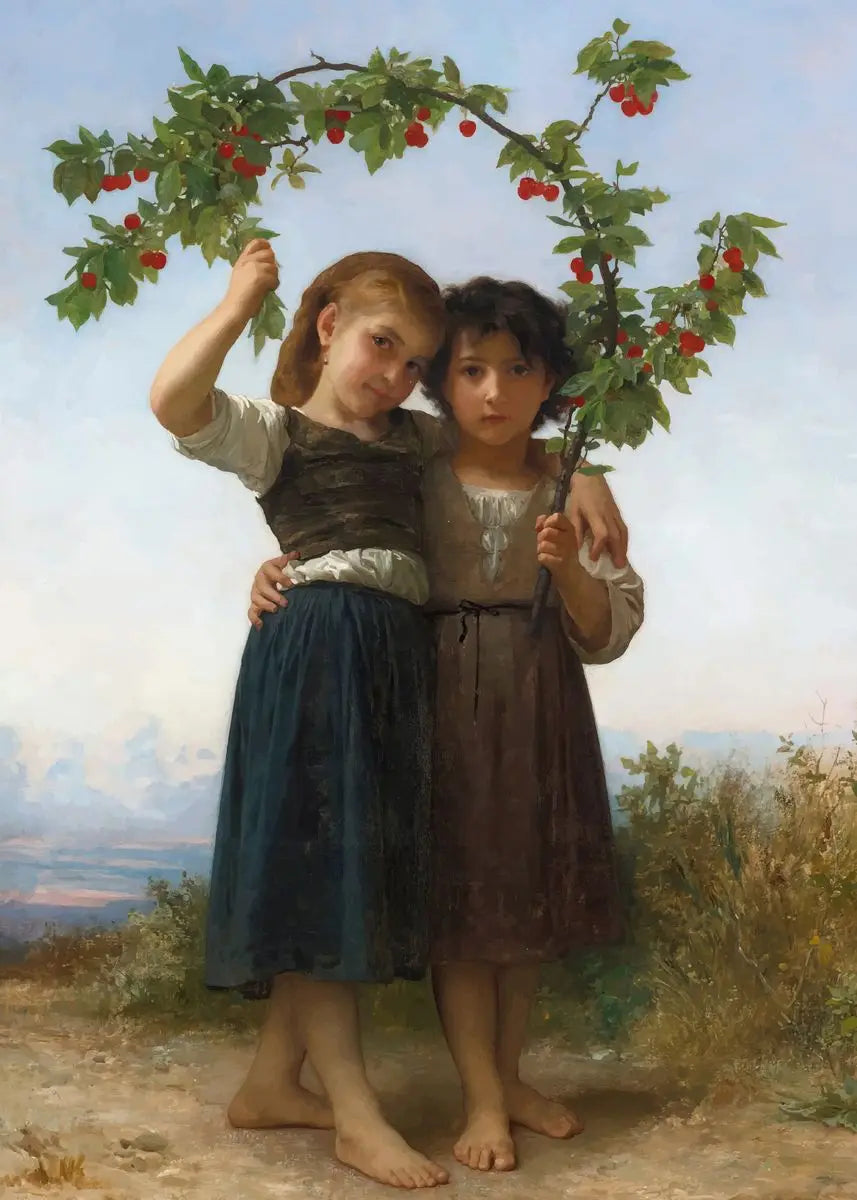 Two young girls holding branches with red berries against a landscape background