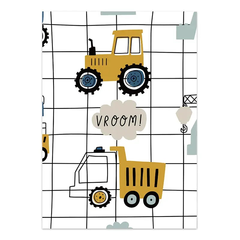 Children's wall art with yellow tractors and 'Vroom!' text on a grid background