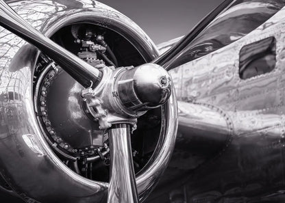 Close-up of a vintage airplane propeller and engine