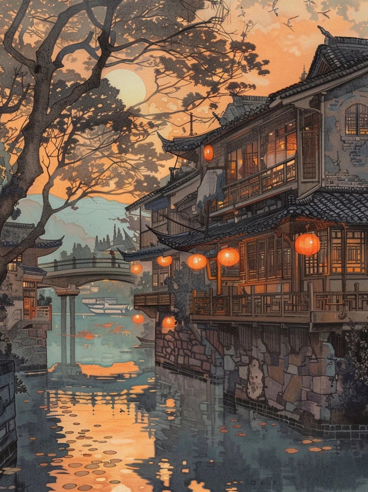 Japanese garden with pond, lanterns, and autumn foliage