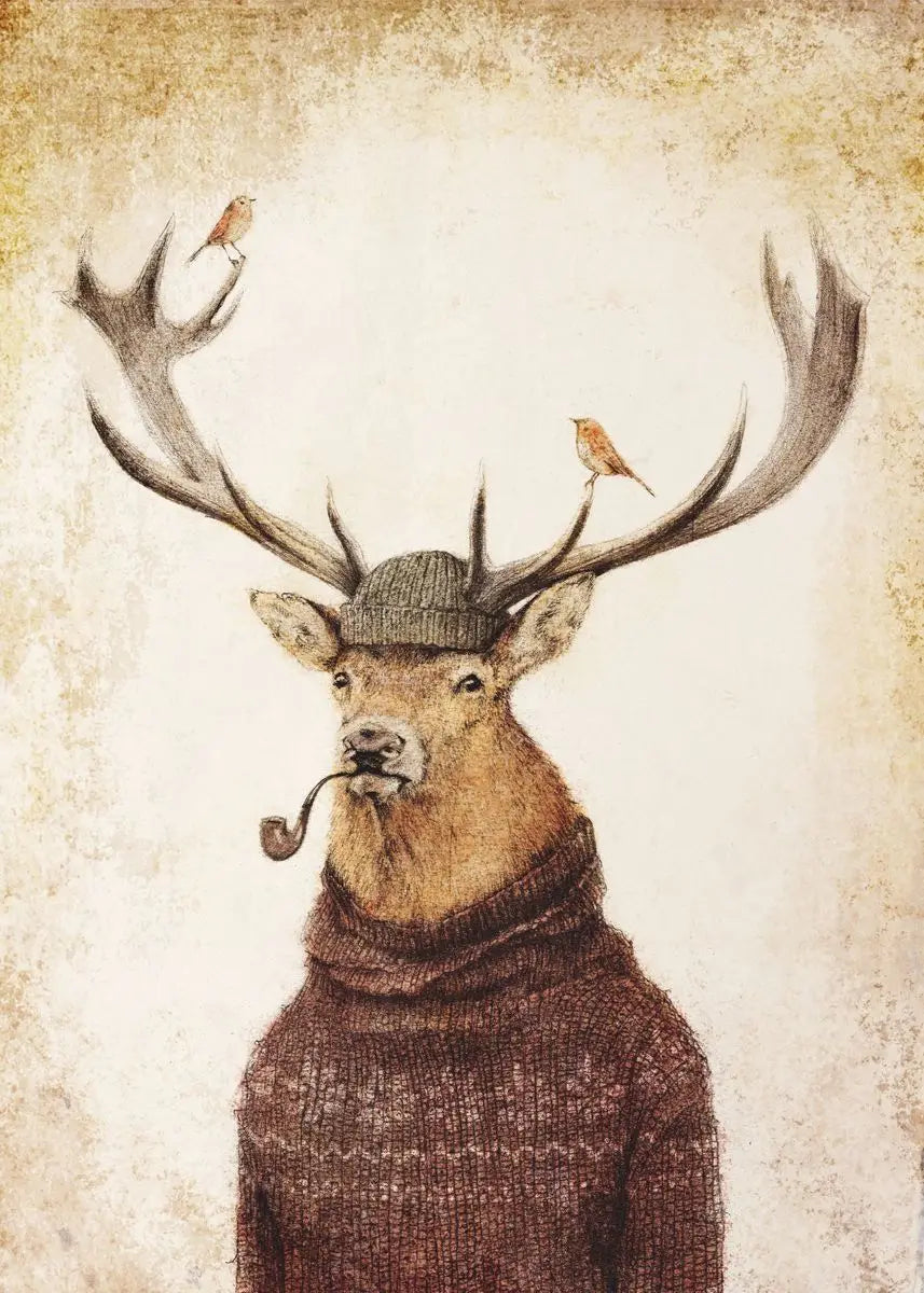 Illustration of a deer wearing a hat and sweater with birds on its antlers.