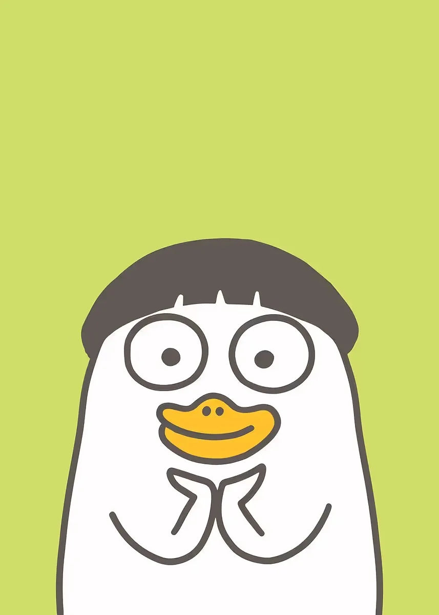 Cartoon penguin with a yellow beak on a green background
