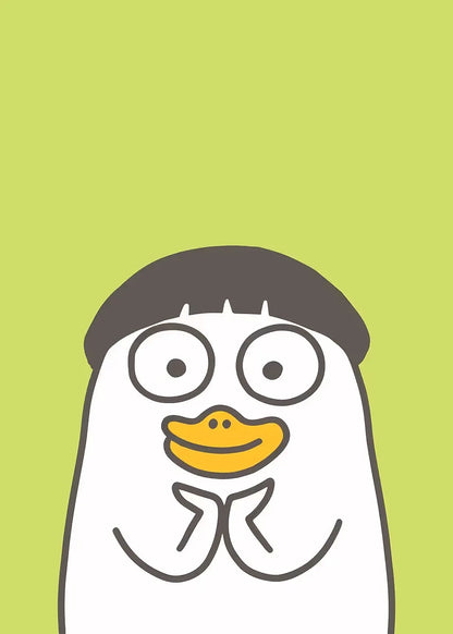 Cartoon penguin with a yellow beak on a green background