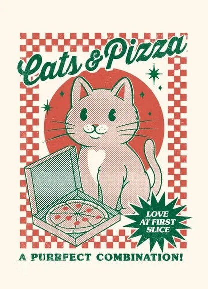 Illustration of a cat with a pizza and text 'Cats & Pizza' on a checkered background