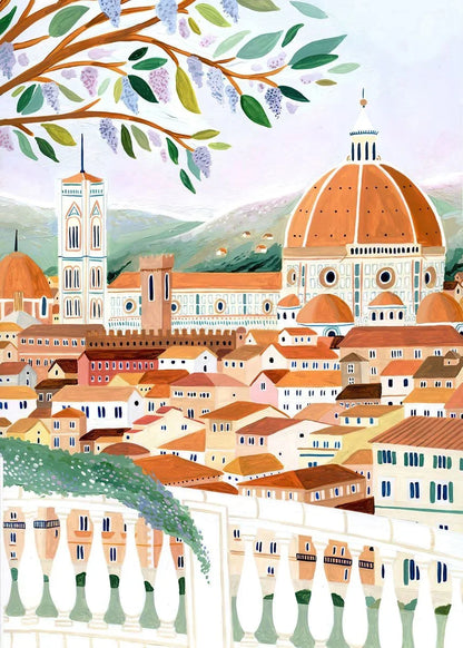 Illustration of a scenic cityscape with a prominent dome and trees.