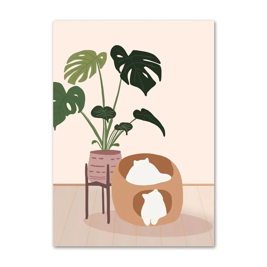 Poster with a plant and two bears in a wooden box on a beige background