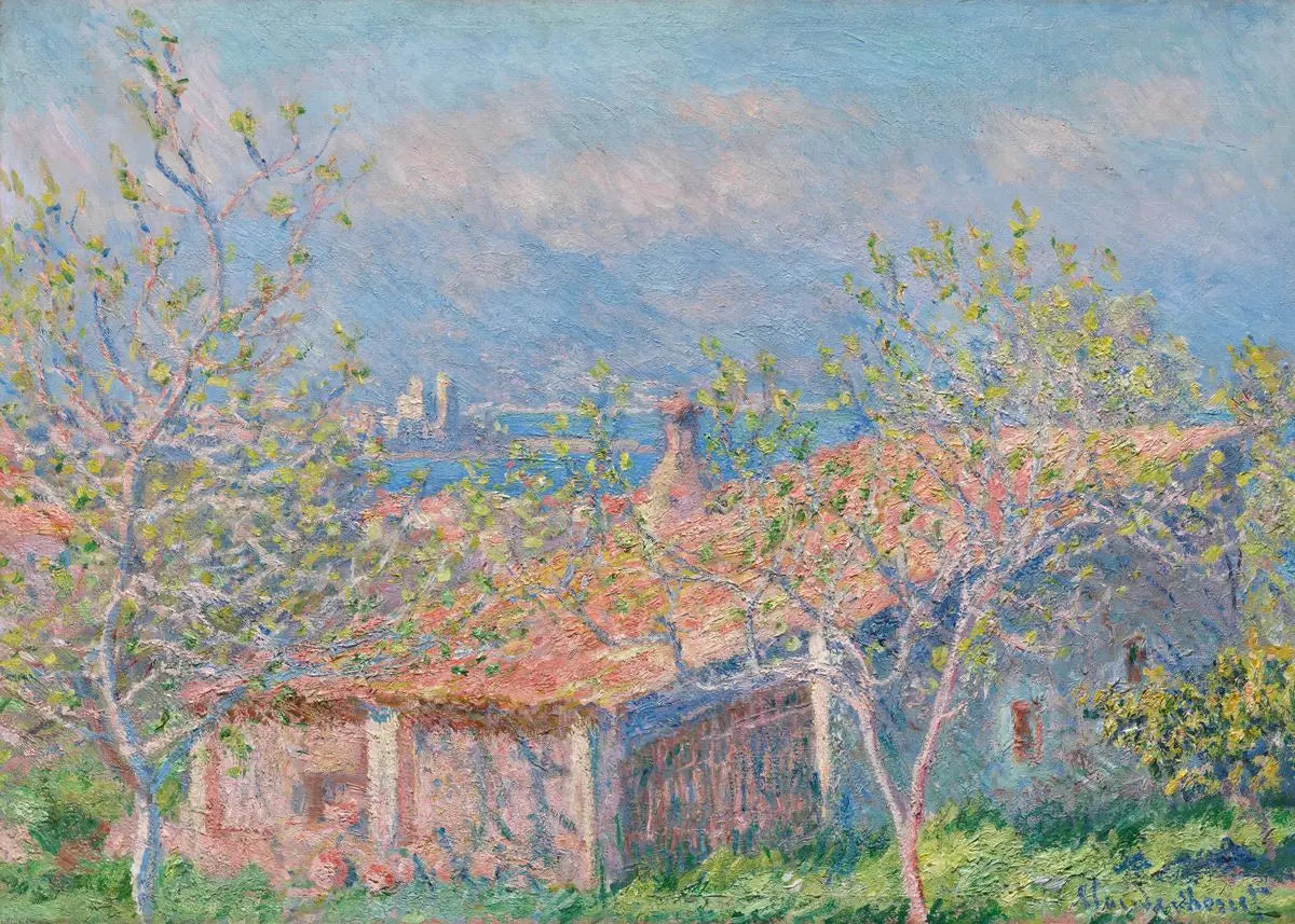 Painting of a landscape with buildings, trees, and a body of water under a blue sky.