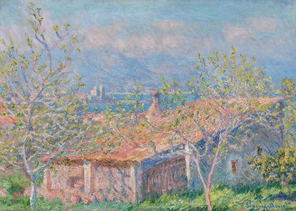 Painting of a landscape with buildings, trees, and a body of water under a blue sky.