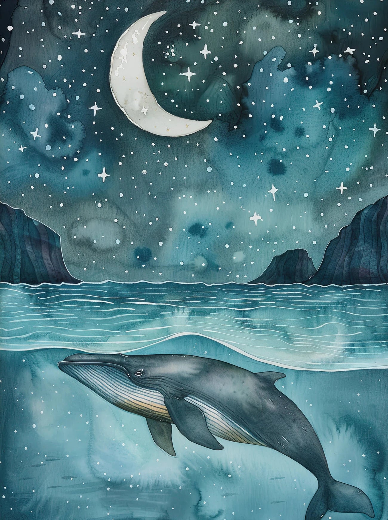 Whale swimming in water with a starry night sky and moon above