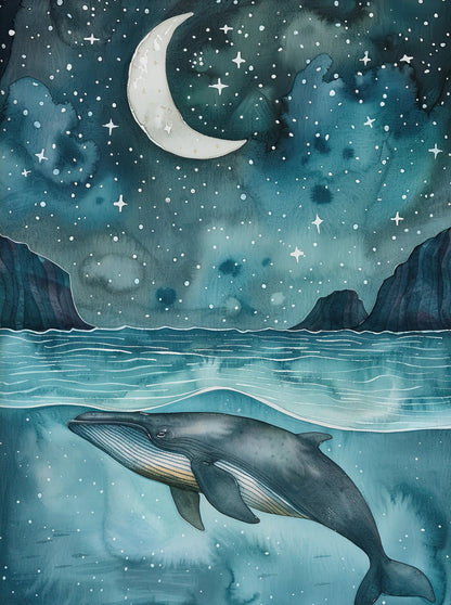 Whale swimming in water with a starry night sky and moon above