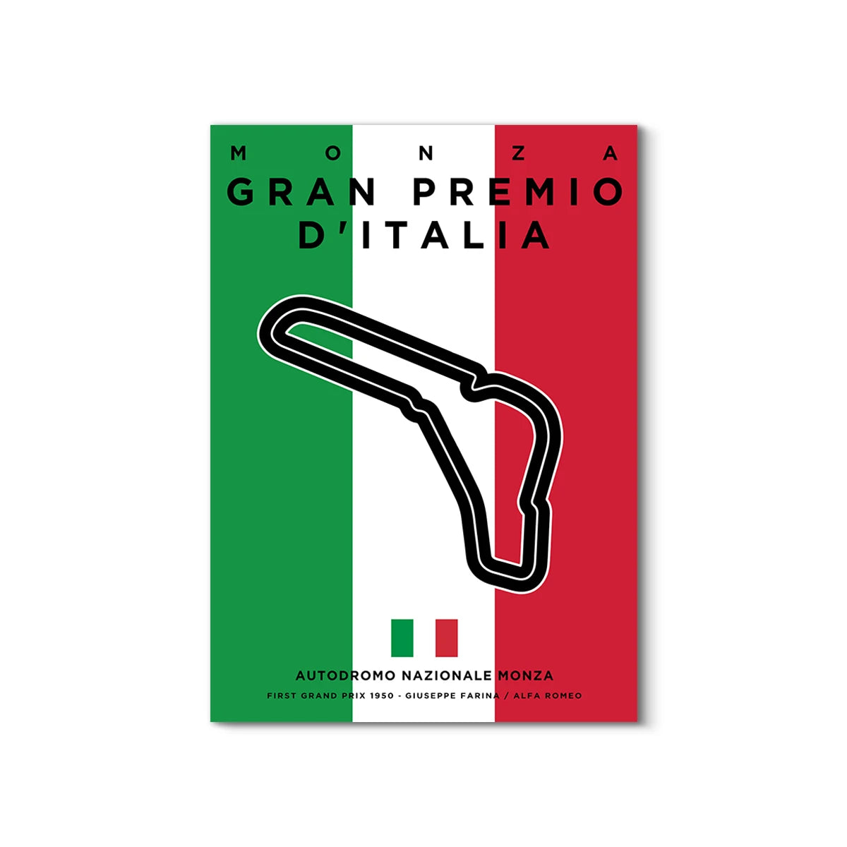 Poster of Monza Grand Prix d'Italia with Italian flag colors and race track illustration.