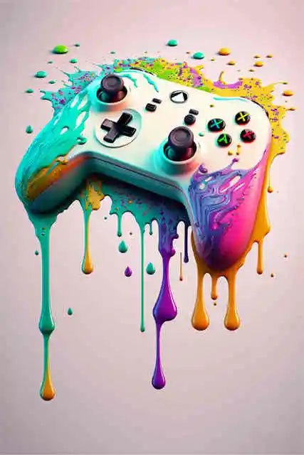 Colorful gaming controller with dripping paint effect on a light background