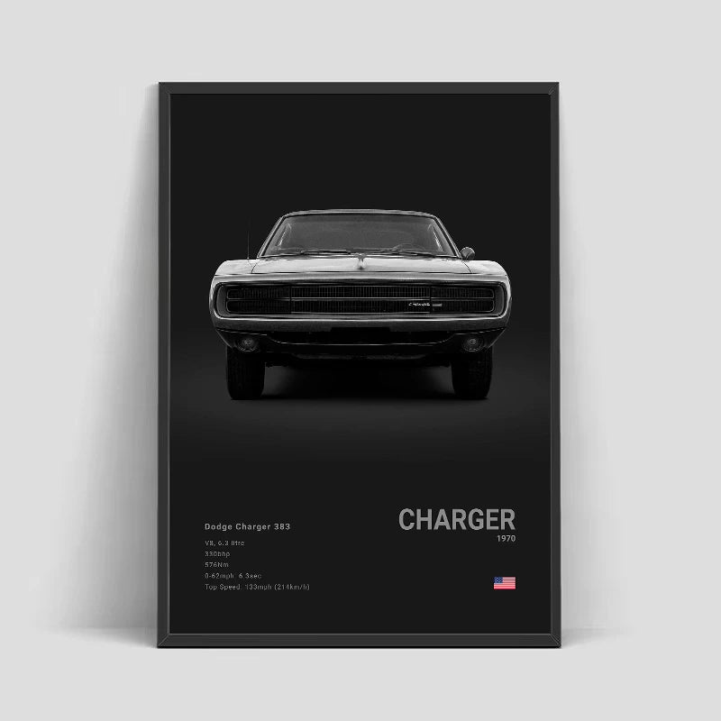Framed poster of a classic Dodge Charger on a black background