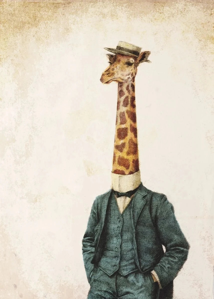 Giraffe wearing a suit and hat on a textured beige background