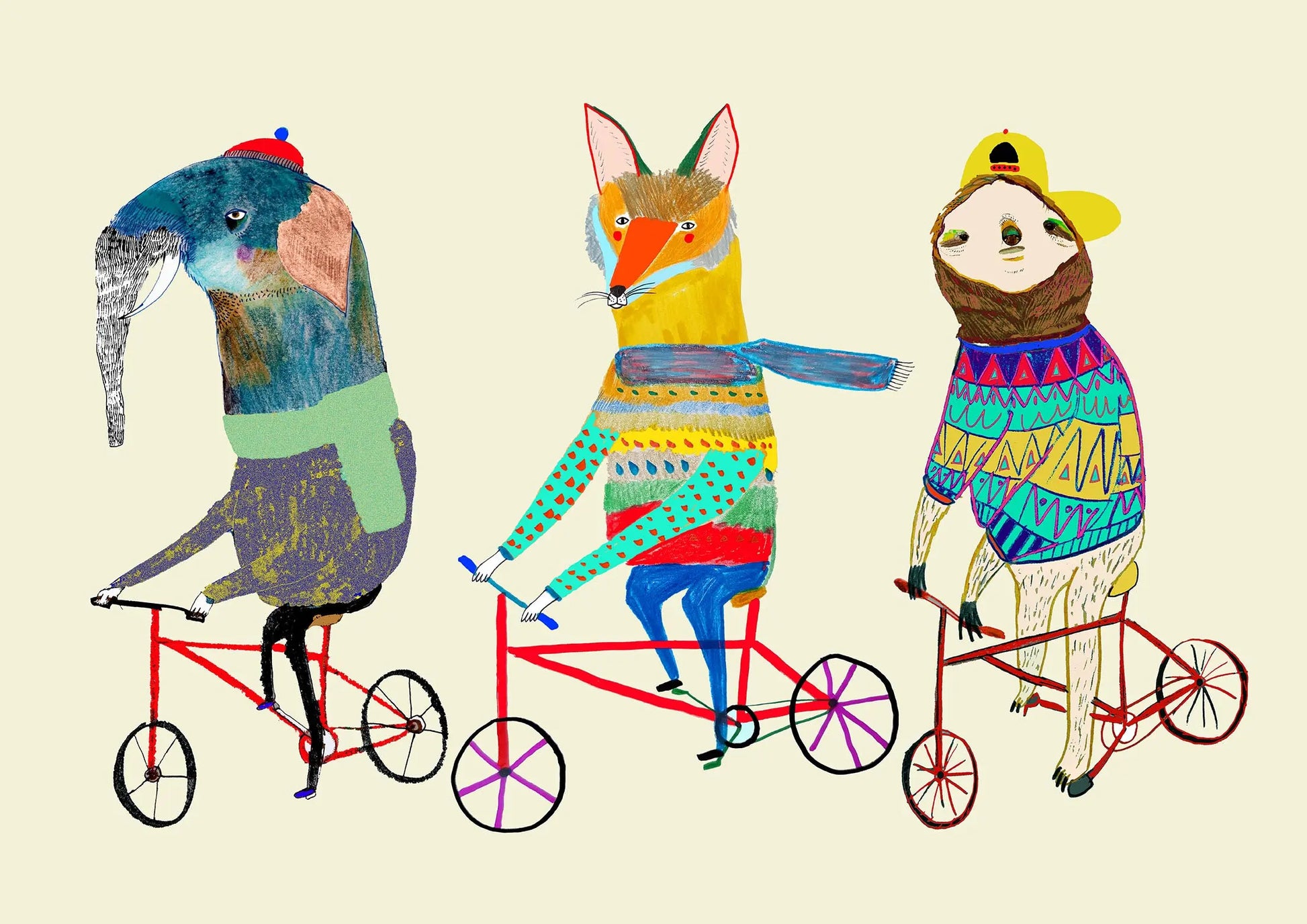 Three animals riding tandem bicycles on a beige background