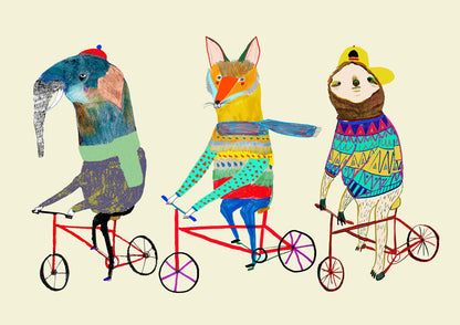 Three animals riding tandem bicycles on a beige background