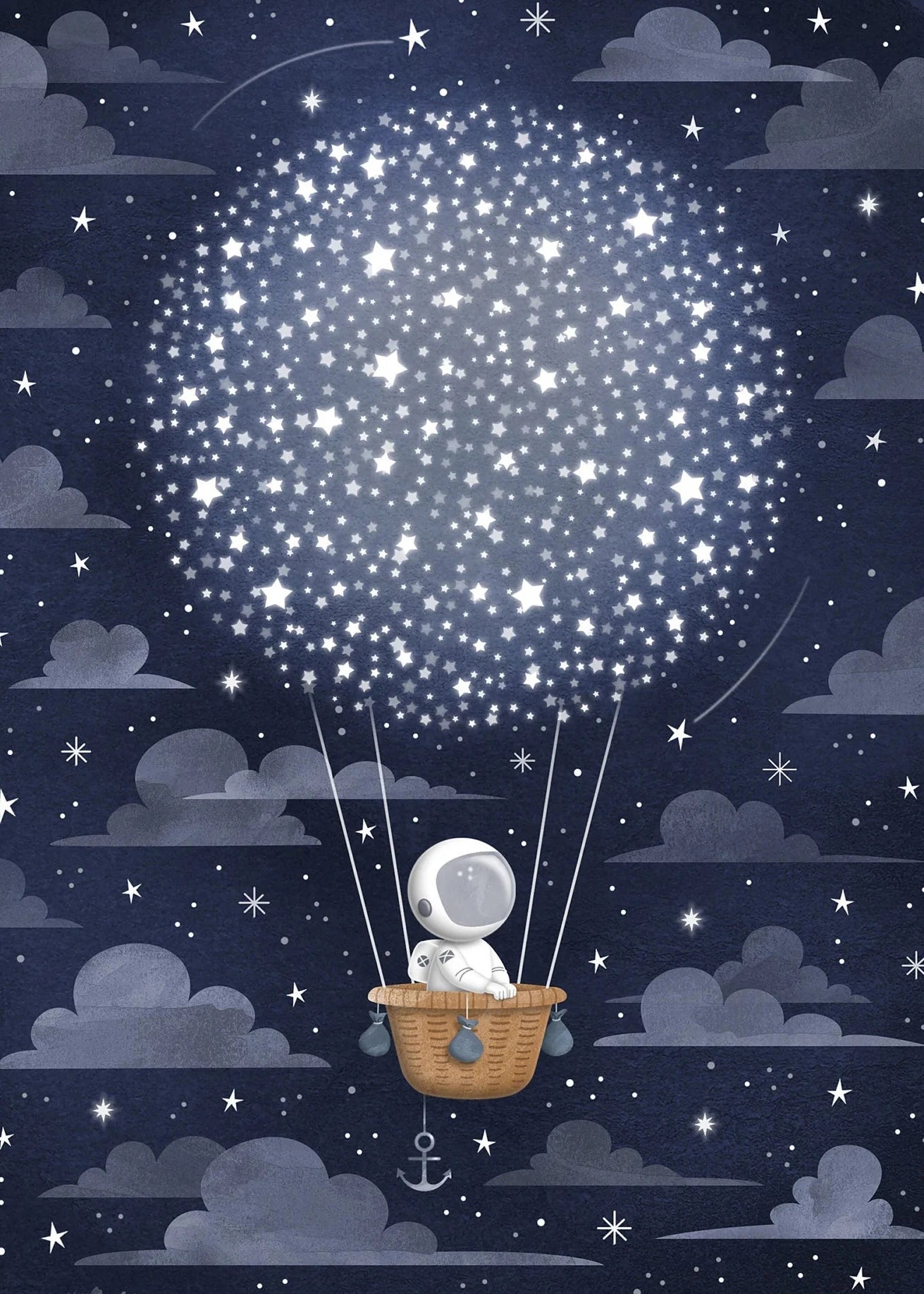 Illustration of an astronaut in a hot air balloon filled with stars against a night sky.